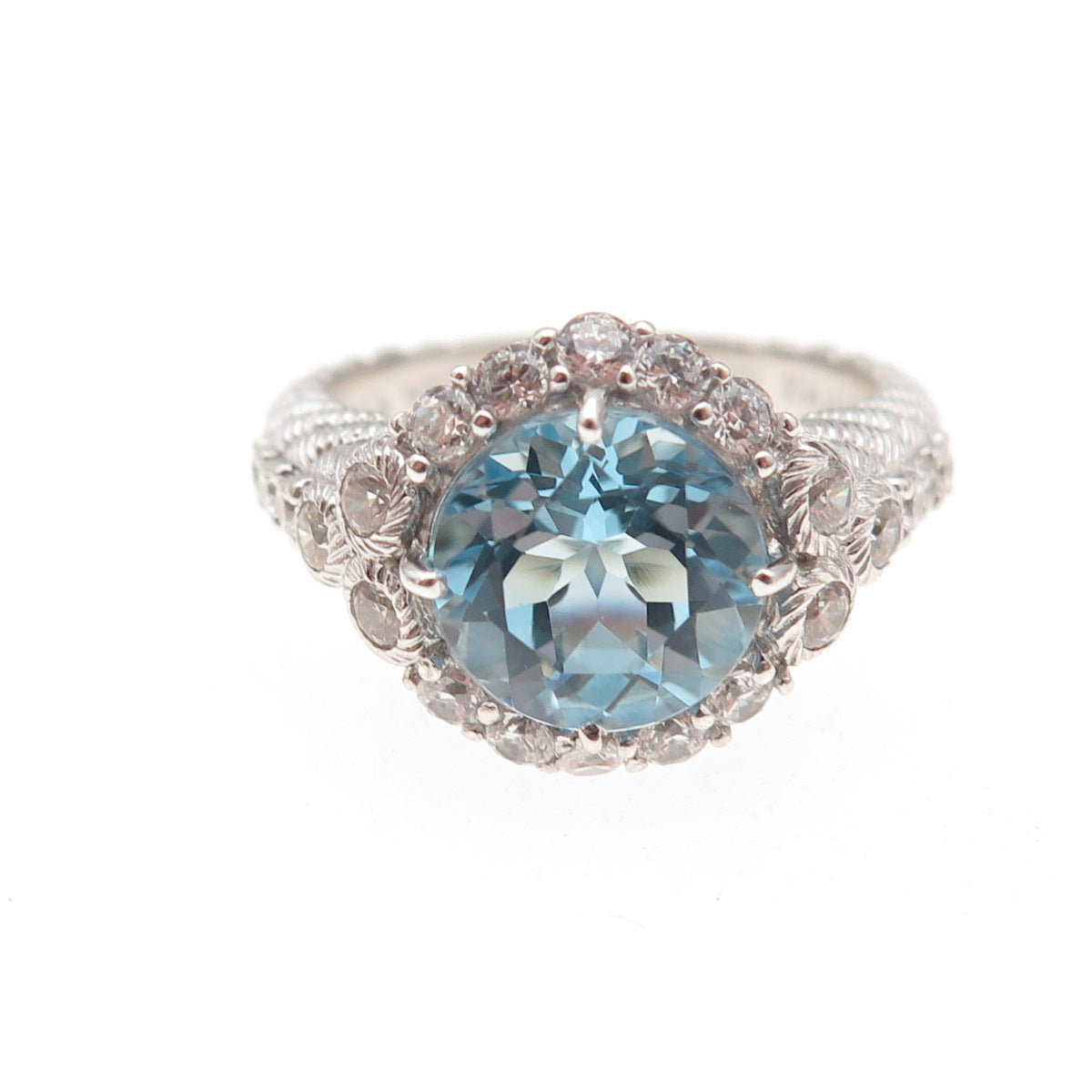 Judith Ripka 925 Sterling Silver Real Blue Topaz & C Z Ring Size 7.25