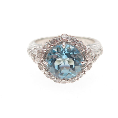 Judith Ripka 925 Sterling Silver Real Blue Topaz & C Z Ring Size 7.25