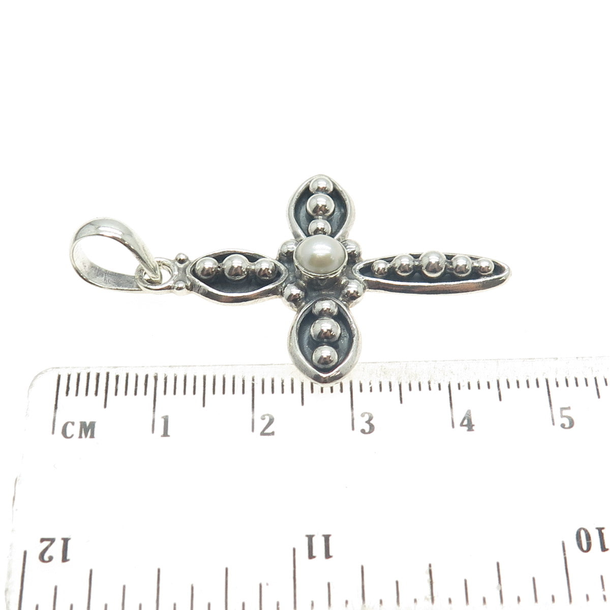 SILPADA 925 Sterling Silver Vintage Real Pearl Beaded Cross Oxidized Pendant