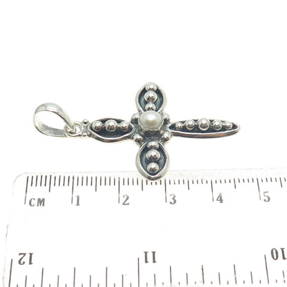 SILPADA 925 Sterling Silver Vintage Real Pearl Beaded Cross Oxidized Pendant