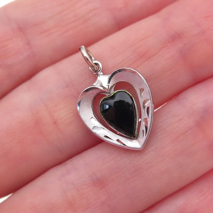 925 Sterling Silver Antique Art Deco Real Black Onyx Heart Charm Pendant