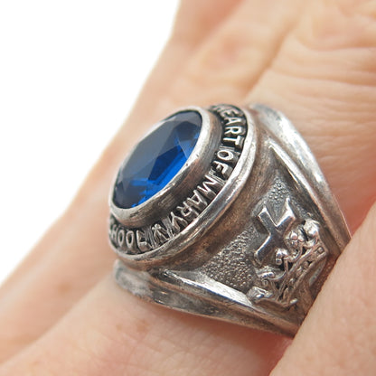 925 Sterling Silver Vintage 1972 Lab-Created Sapphire IHM School Ring Size 8.25