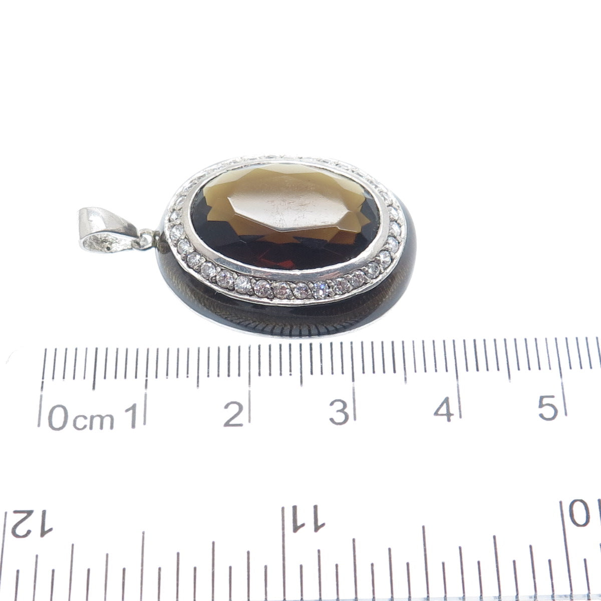 925 Sterling Silver Enamel Real Smoky Quartz & C Z Charm Pendant