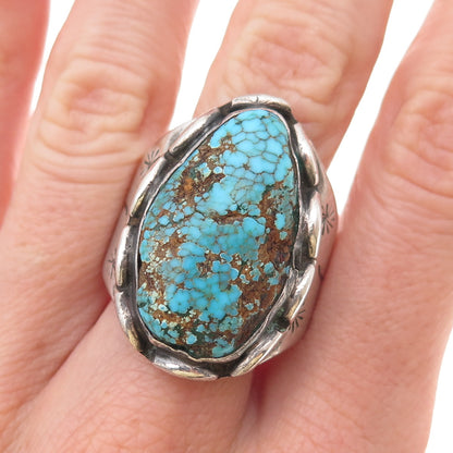 Old Pawn 925 Sterling Silver Vintage Peacock Turquoise Tribal Ring Size 10.25
