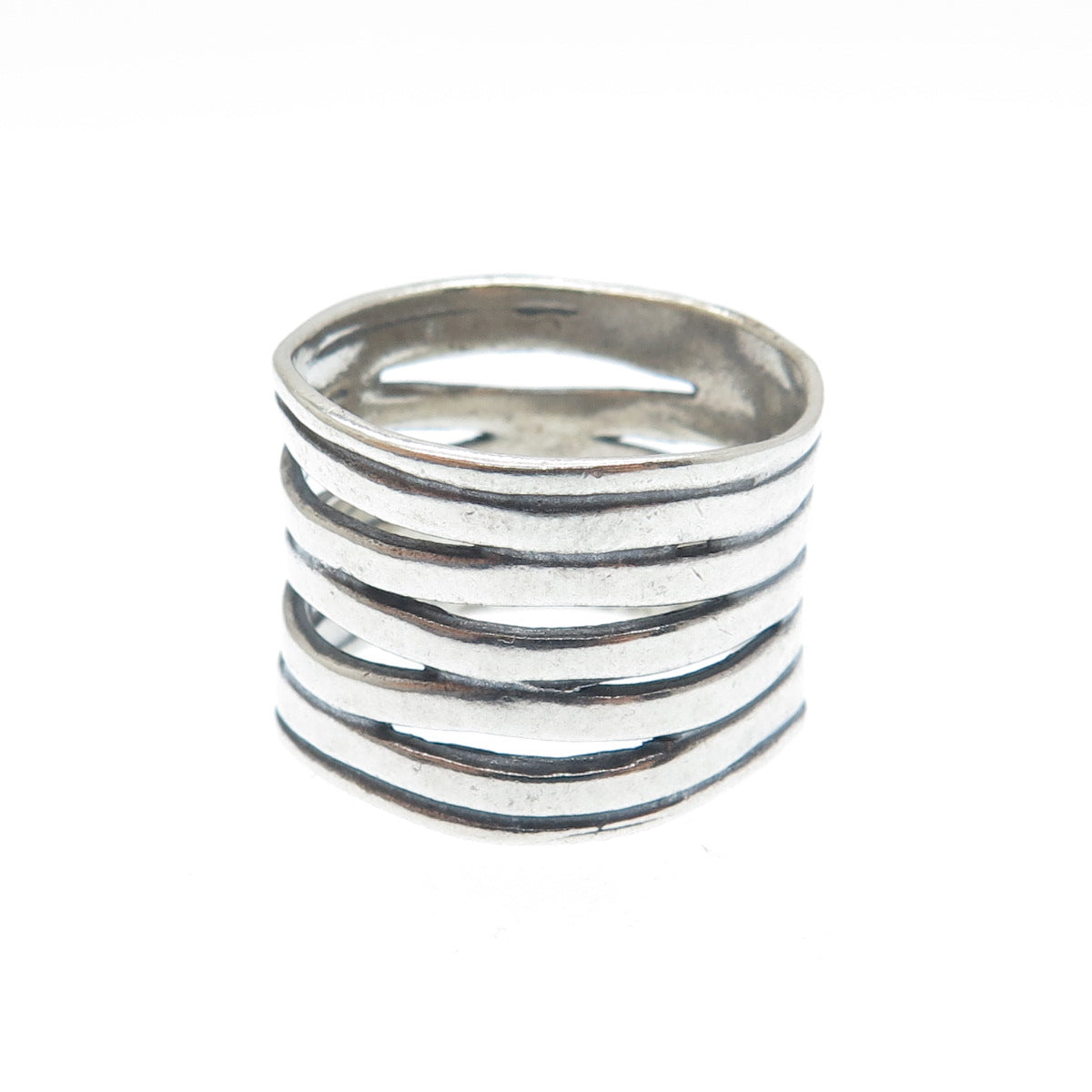 925 Sterling Silver Vintage Modernist 5-Wavy Row Oxidized Ring Size 7.25