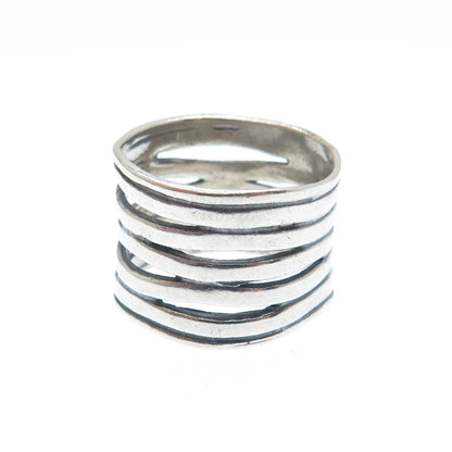 925 Sterling Silver Vintage Modernist 5-Wavy Row Oxidized Ring Size 7.25