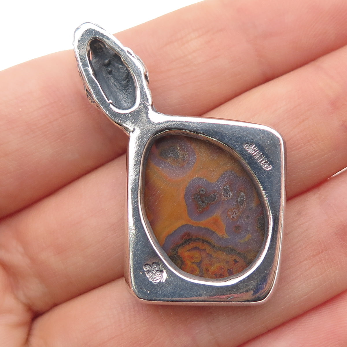 925 Sterling Silver Vintage Real Crazy Lace Agate Dragon Oxidized Slide Pendant