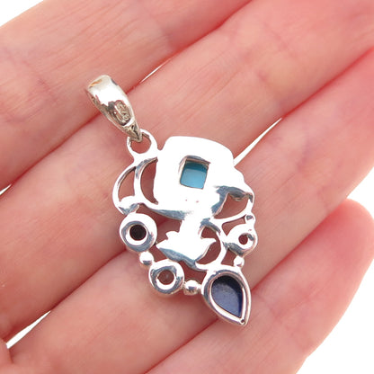 925 Sterling Silver Vintage Real Turquoise Lapis Iolite Topaz & Amethyst Pendant