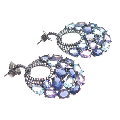 925 Sterling Black Rhodium Blue & White Topaz Amethyst Tanzanite Iolite Earrings
