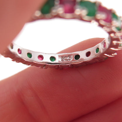 925 Sterling Silver Real Green & Pink Chalcedony Eternity Band Ring Size 7