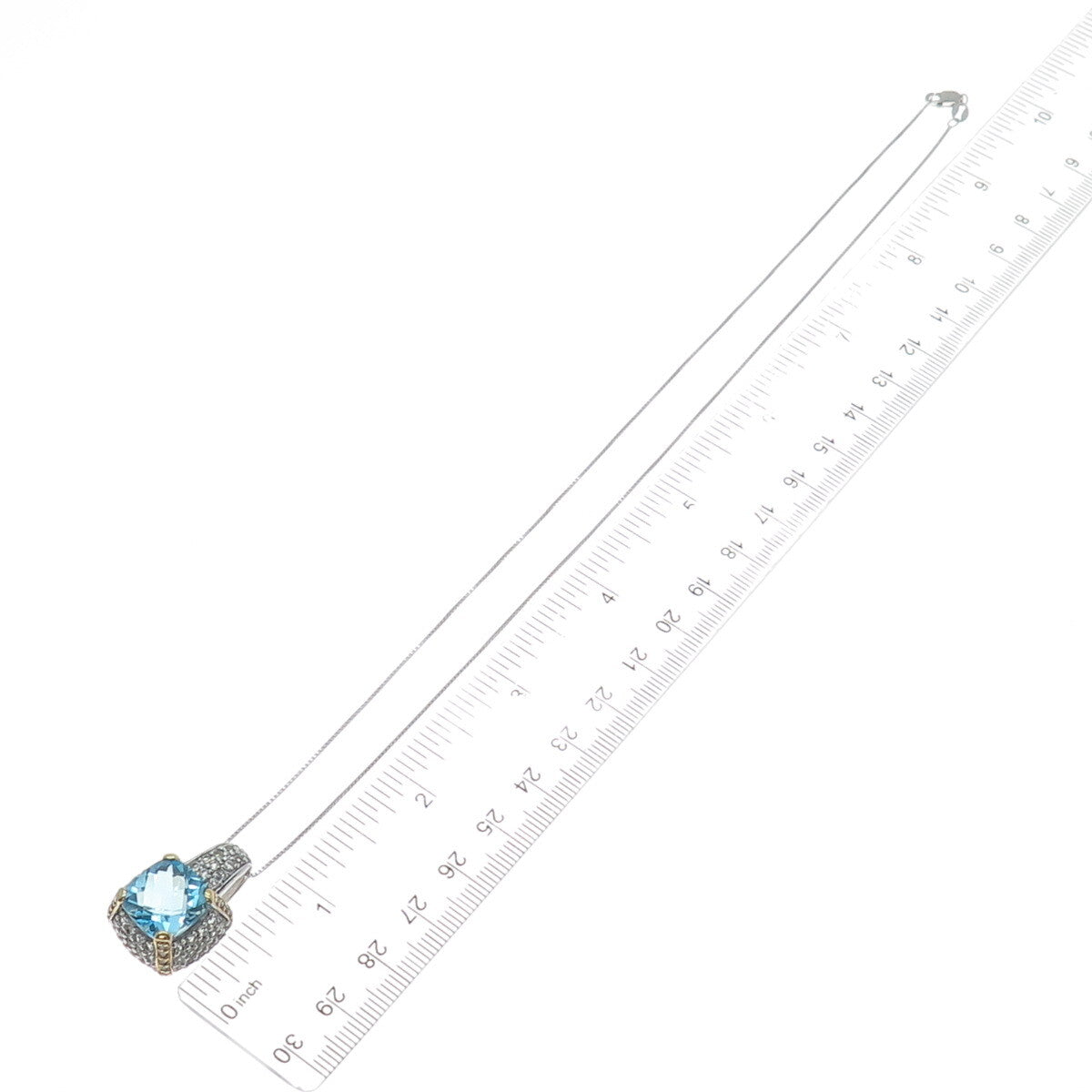 925 Sterling 2-Tone Real Diamond Blue & White Topaz Box Chain Necklace 18"