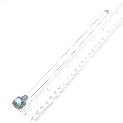 925 Sterling 2-Tone Real Diamond Blue & White Topaz Box Chain Necklace 18"