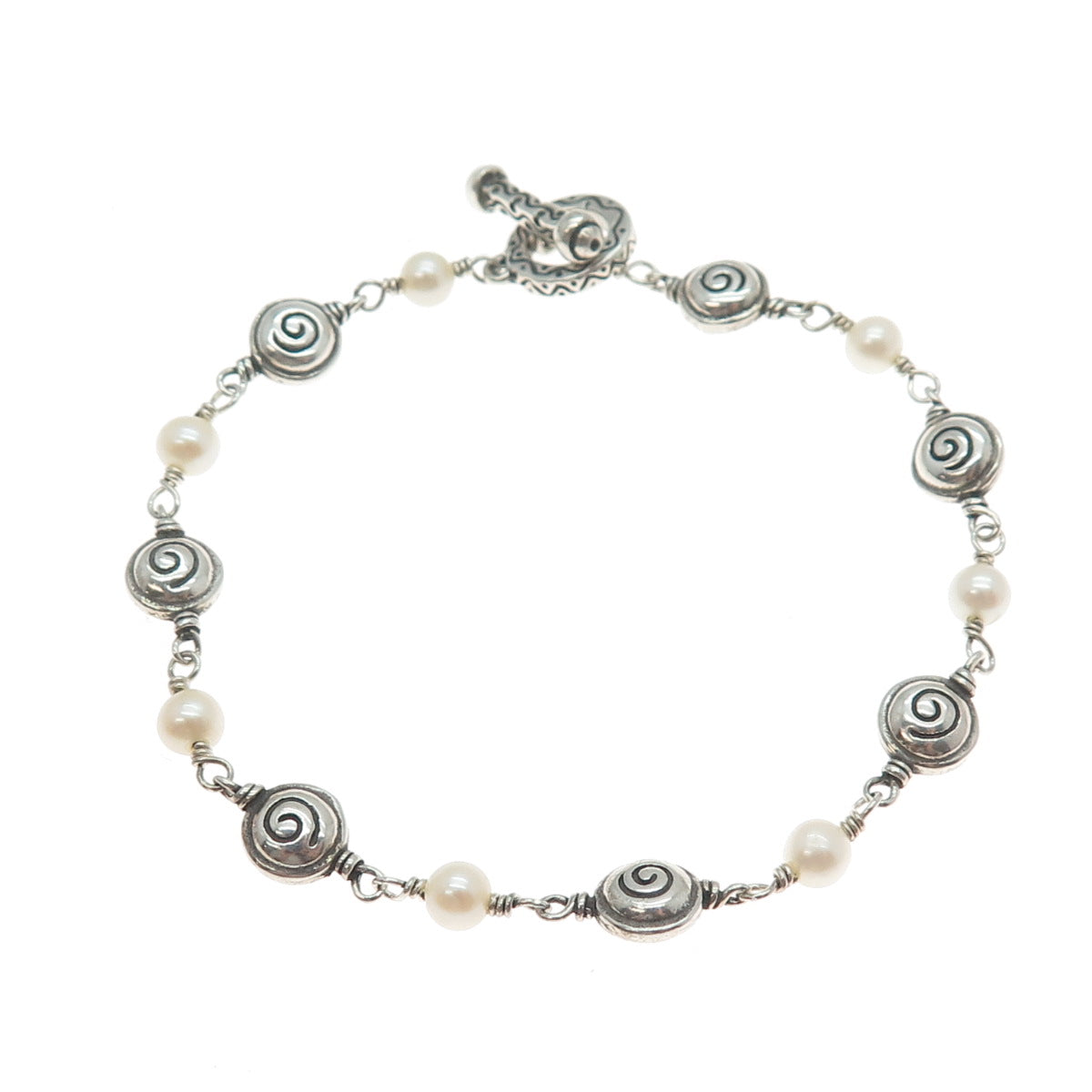 925 Sterling Silver Vintage Real Pearl Spiral Beaded Link Bracelet 6.75"