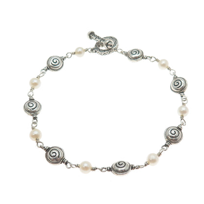 925 Sterling Silver Vintage Real Pearl Spiral Beaded Link Bracelet 6.75"