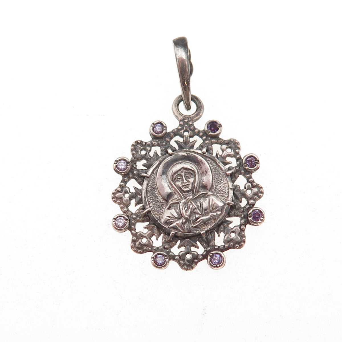 925 Sterling Silver Vintage Purple C Z St. Mary Orthodox Charm Pendant