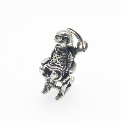 925 Sterling Silver Vintage Baby Girl on Rocking Chair Minimalist Pendant