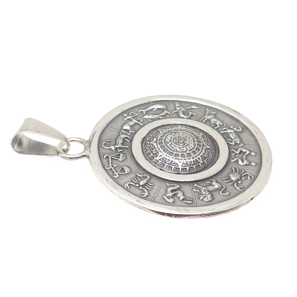 925 Sterling Silver Vintage Mexico Mayan & Zodiac Calendar Oxidized Pendant