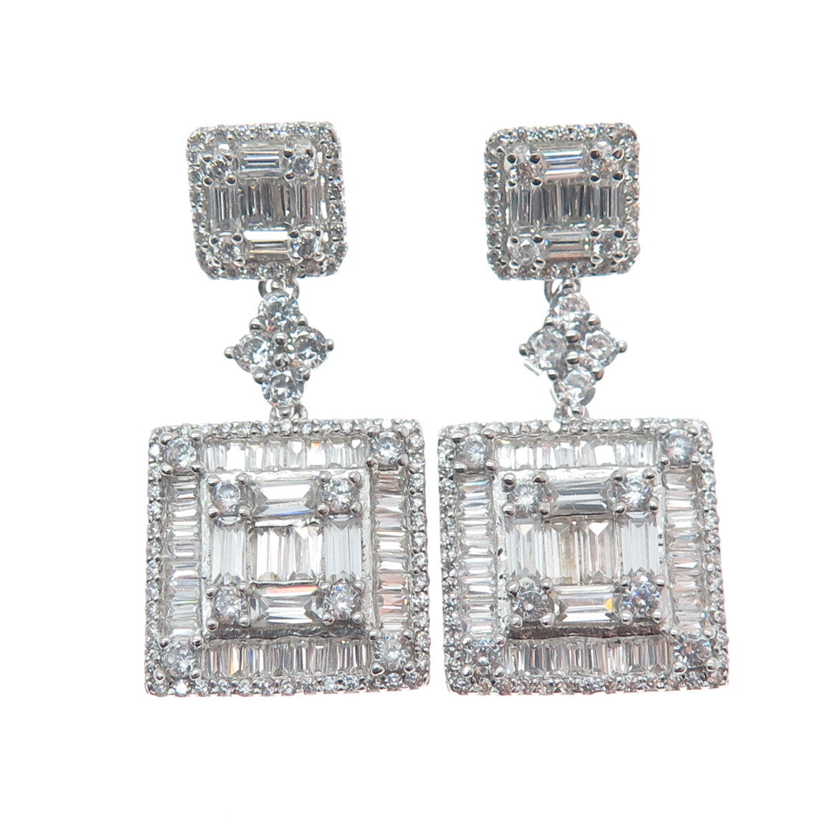 925 Sterling Silver Round & Baguette-Cut C Z Dangle Earrings