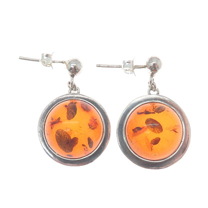 925 Sterling Silver Vintage Real Baltic Amber Modernist Dangle Earrings