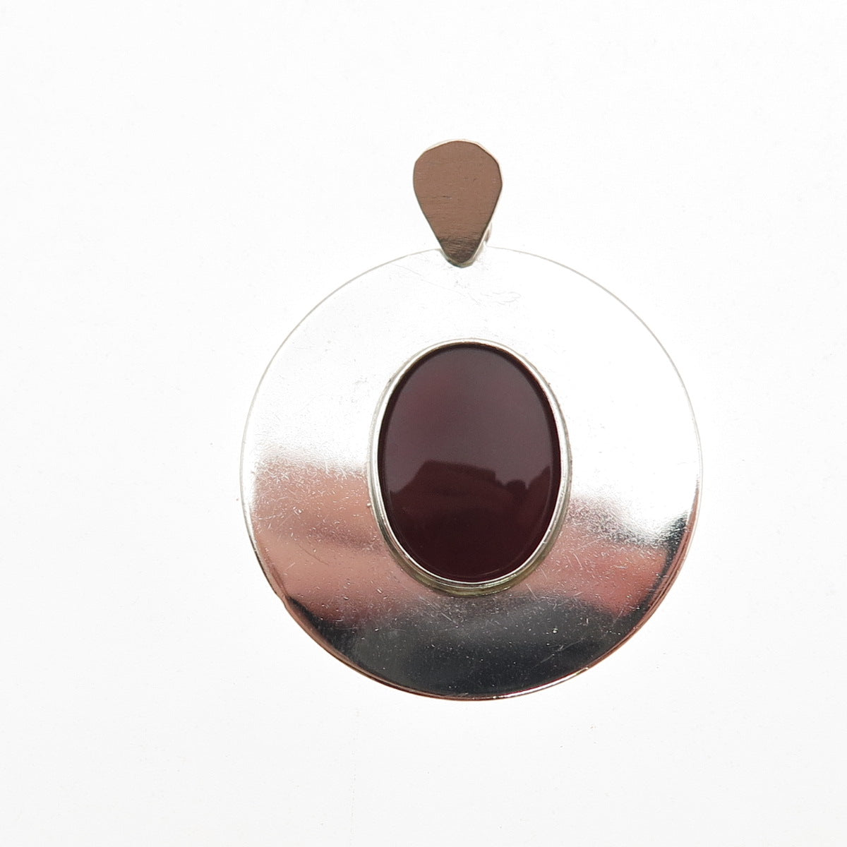 925 Sterling Silver Vintage Real Carnelian Modernist Disc Charm Pendant