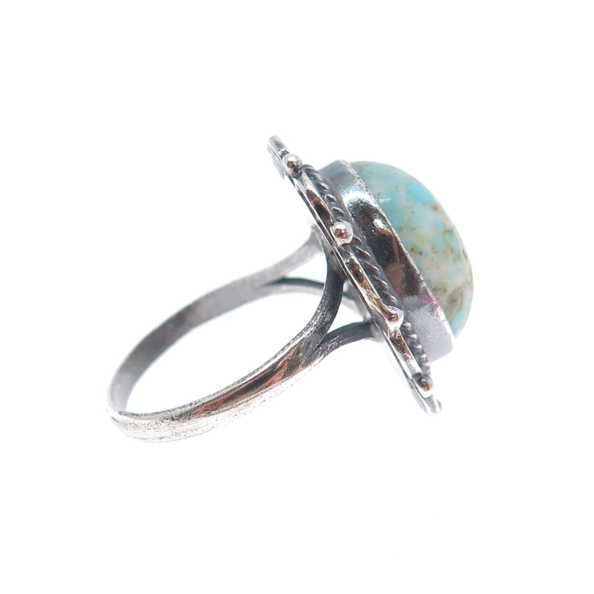 925 Sterling Silver Vintage Faux Turquoise Flower Oxidized Ring Size 5.5