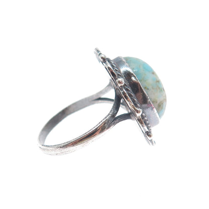 925 Sterling Silver Vintage Faux Turquoise Flower Oxidized Ring Size 5.5