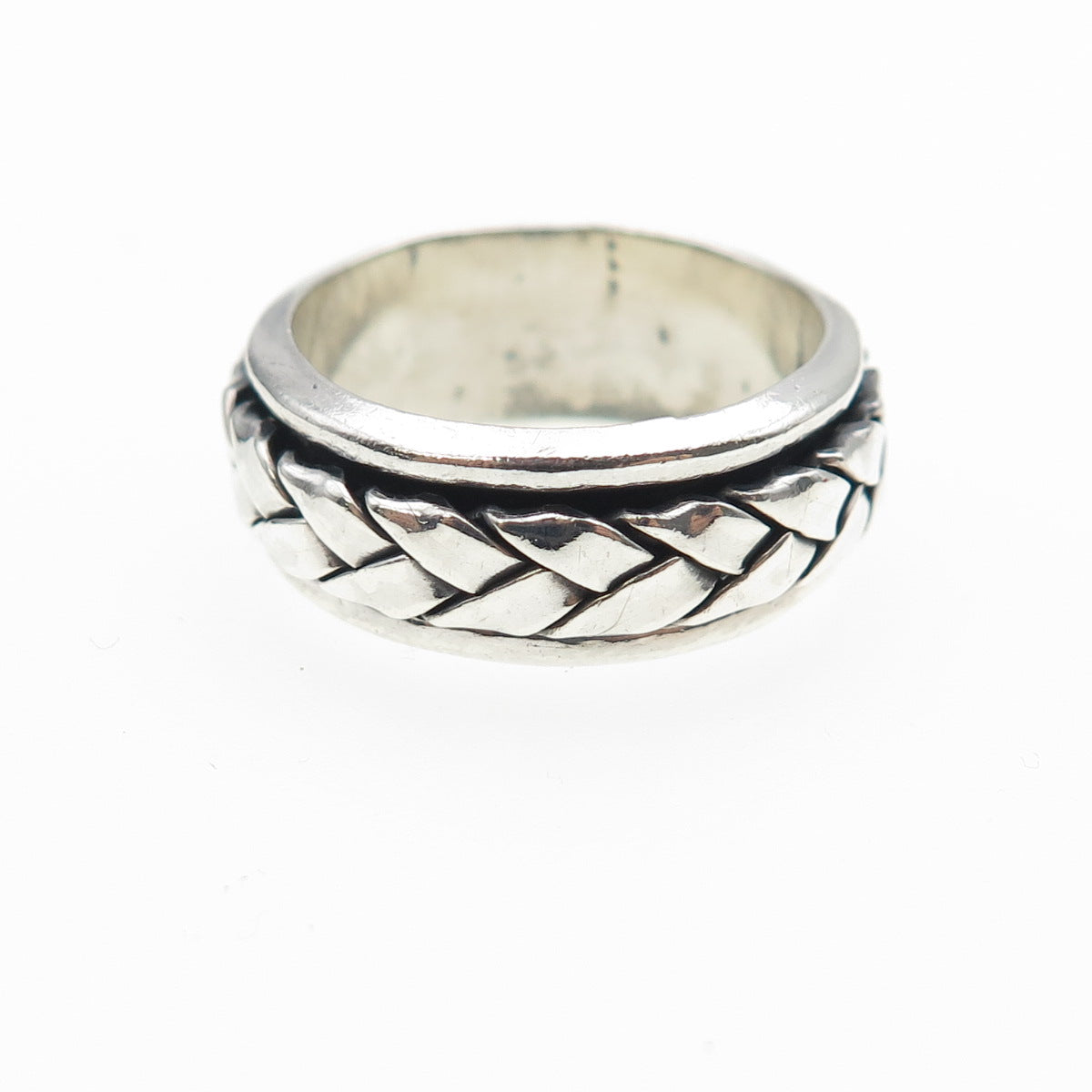 925 Sterling Silver Vintage Mexico Woven Oxidized Rotating Band Ring Size 7
