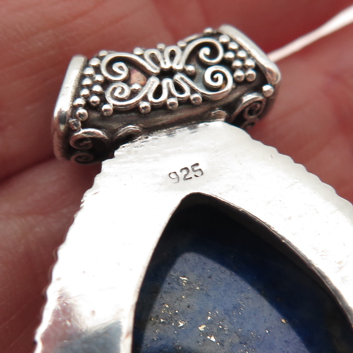 925 Sterling Silver Vintage Real Lapis Swirl Teardrop Oxidized Slide Pendant
