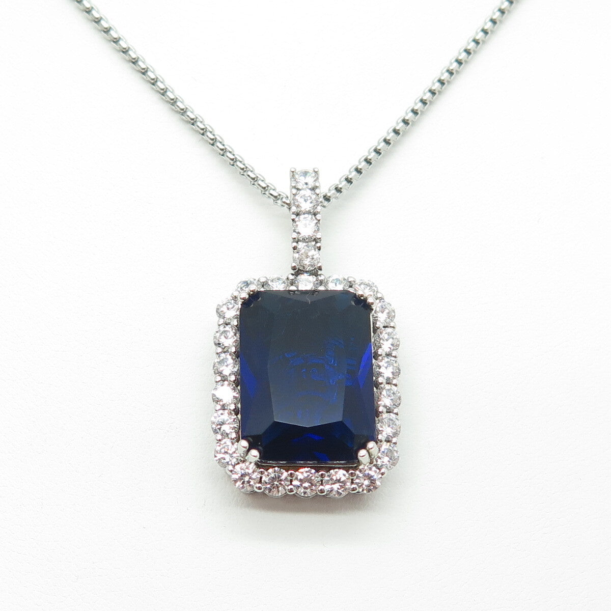 925 Sterling Silver Blue Glass & White C Z Round Box Chain Necklace 16"