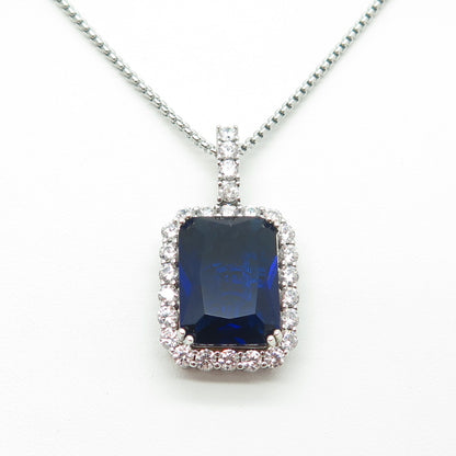 925 Sterling Silver Blue Glass & White C Z Round Box Chain Necklace 16"