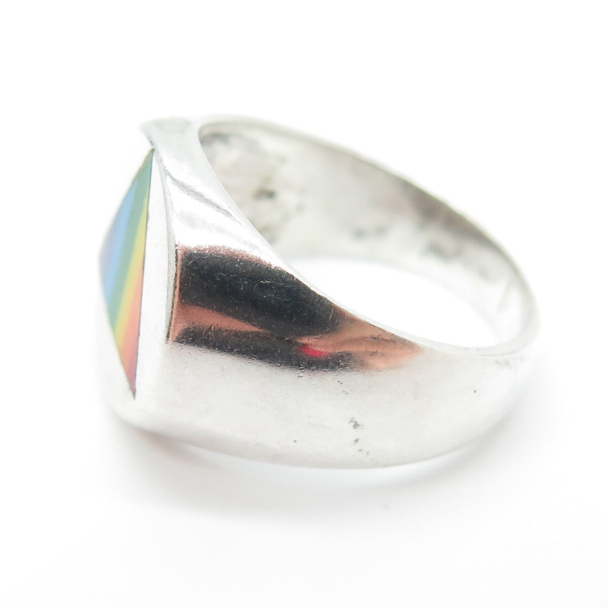 925 Sterling Silver Vintage Rainbow Enamel "Happy Pride" Signet Ring Size 8