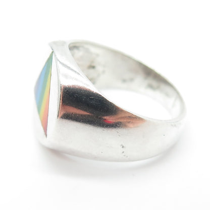 925 Sterling Silver Vintage Rainbow Enamel "Happy Pride" Signet Ring Size 8