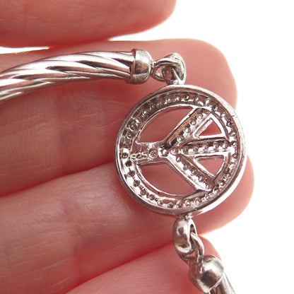 925 Sterling Silver Real Round-Cut Diamond Peace Symbol Bracelet 7"