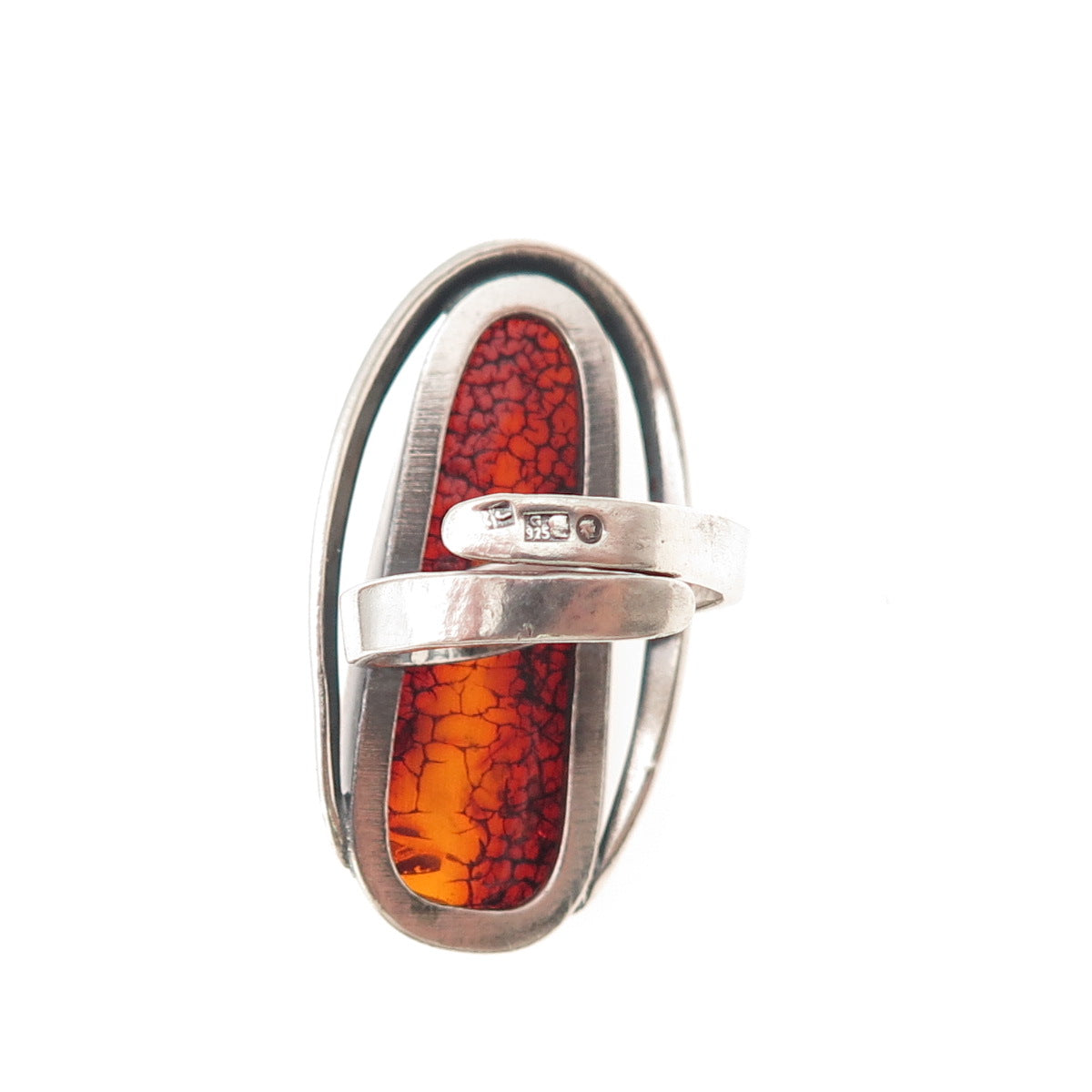 925 Sterling Vintage Poland Real Amber Modernist Adjustable Ring Size 6.75