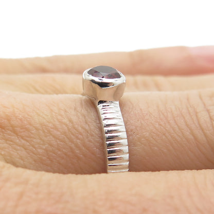 925 Sterling Silver Real Checkered Red Garnet Gemstone Ribbed Ring Size 8