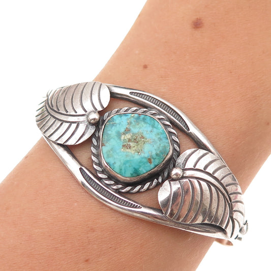 Old Pawn 925 Sterling Silver Vintage Turquoise Floral Adjustable Bracelet 5.75"
