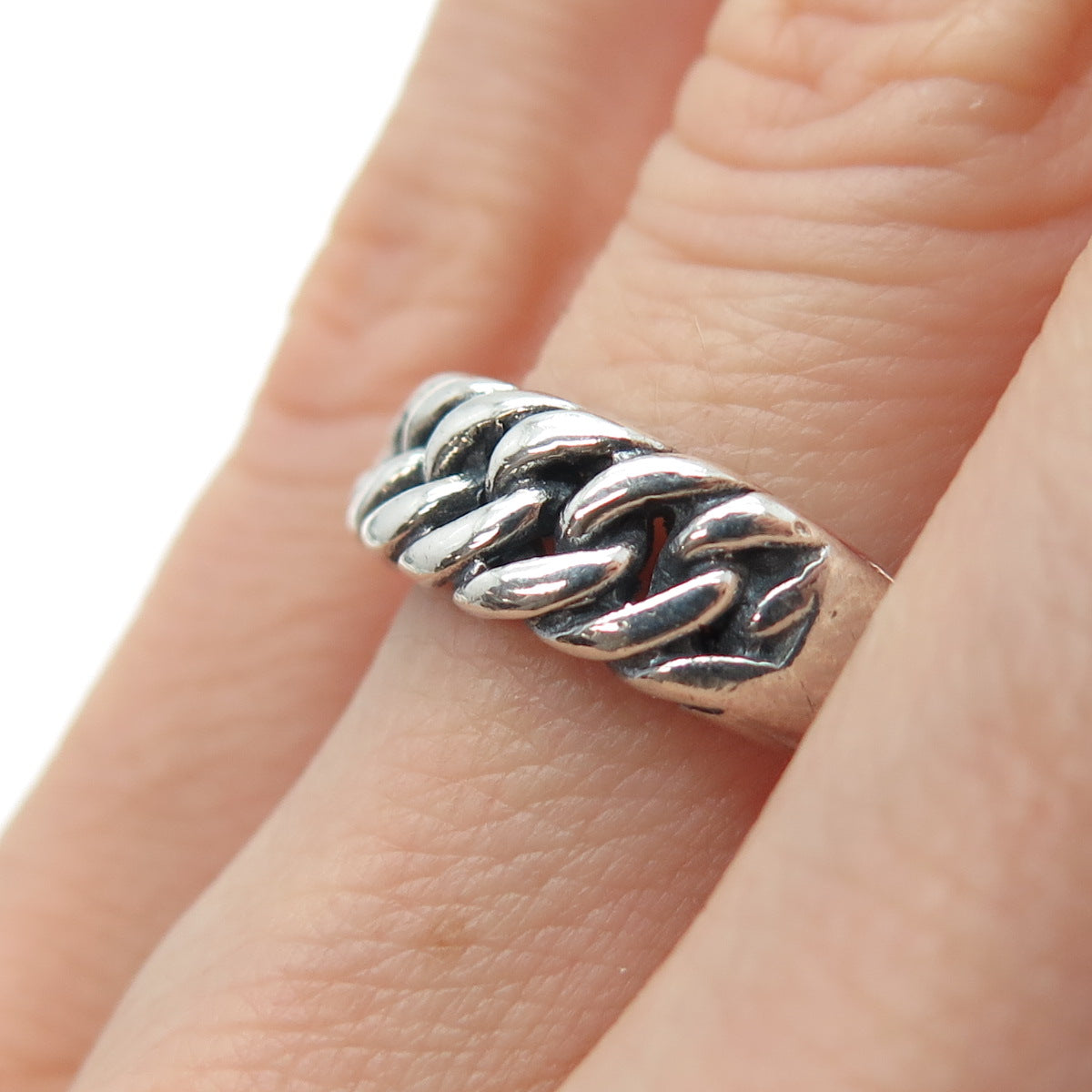 925 Sterling Silver Vintage Curb Chain Oxidized Ring Size 6.25