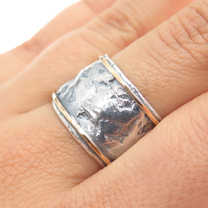 925 Sterling Silver & 14K Gold Vintage Modernist Oxidized Band Ring Size 9.75