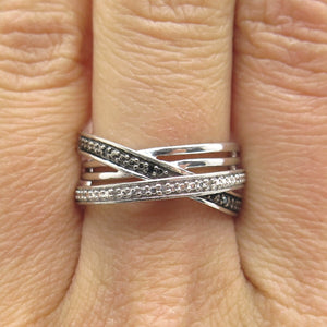 925 Sterling Silver Real Round-Cut Black & White Diamond Crisscross Ring Size 7