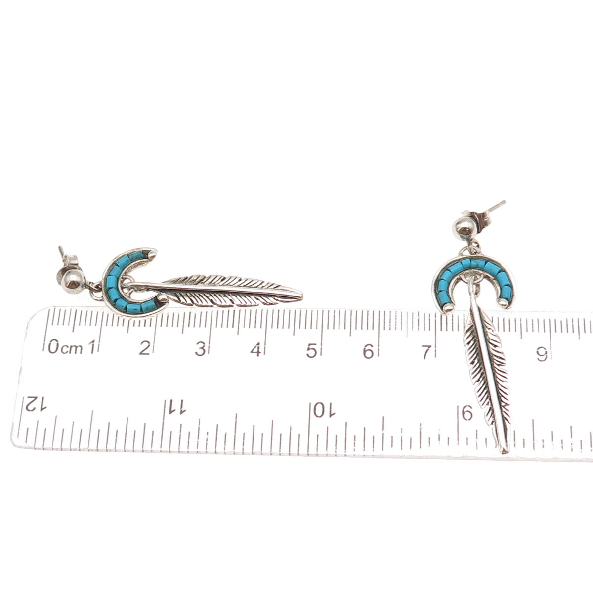 Old Pawn 925 Sterling Silver Vintage Turquoise Feather Tribal Dangle Earrings