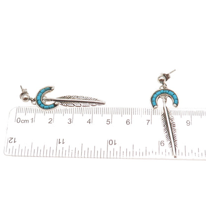 Old Pawn 925 Sterling Silver Vintage Turquoise Feather Tribal Dangle Earrings