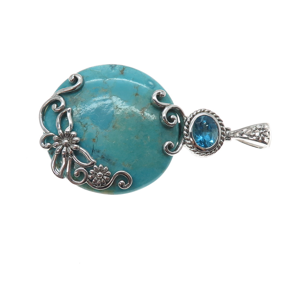 CHAPAL ZENRAY 925 Sterling Silver Vintage Real Turquoise & Blue Topaz Pendant