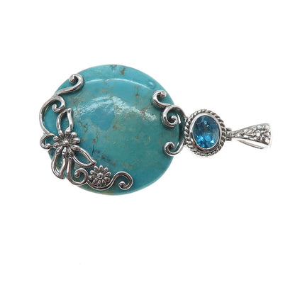 CHAPAL ZENRAY 925 Sterling Silver Vintage Real Turquoise & Blue Topaz Pendant