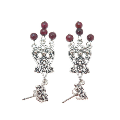925 Sterling Silver Vintage Tourmaline Flower Beaded Oxidized Dangle Earrings