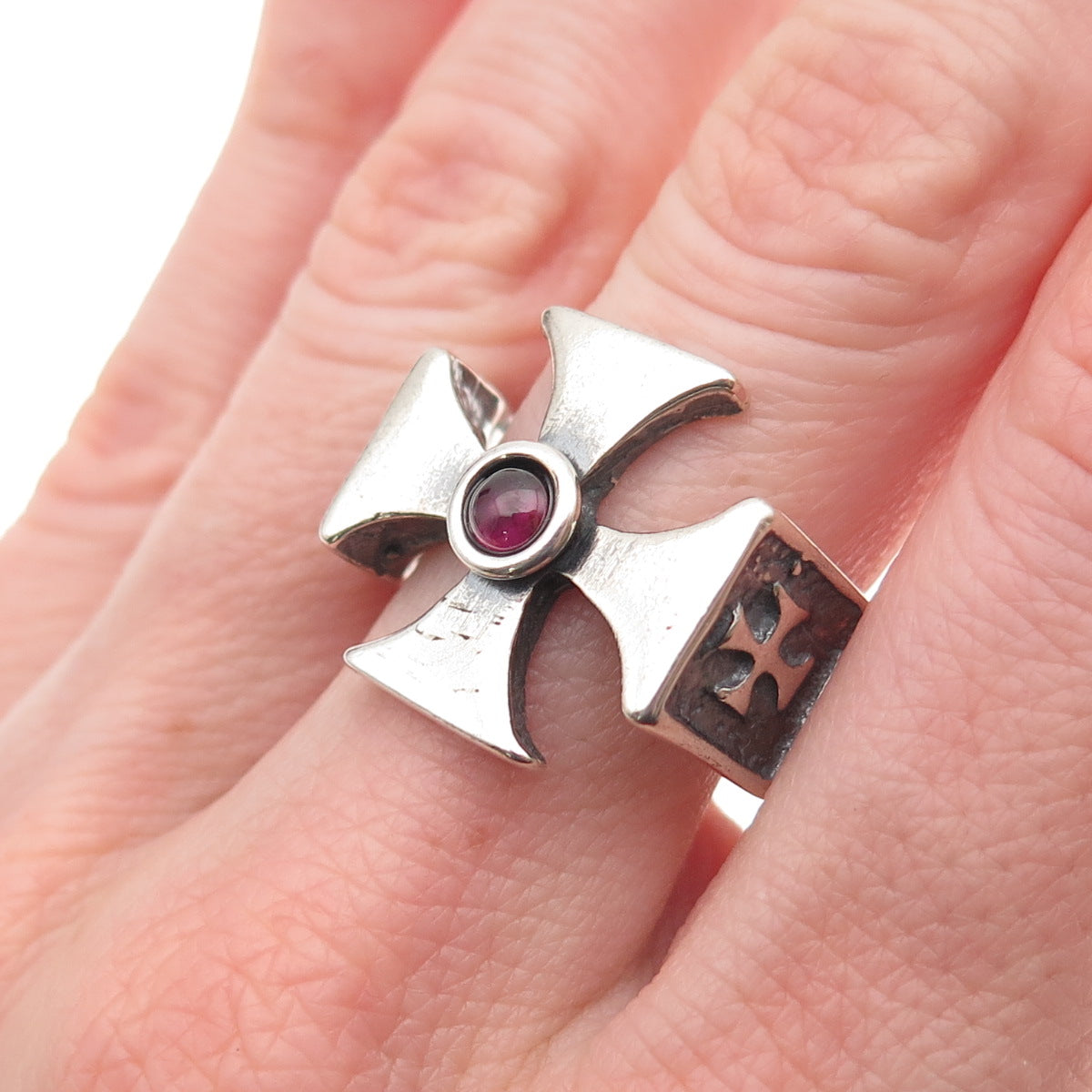 925 Sterling Silver Vintage Real Rhodolite Gothic Cross Oxidized Ring Size 12