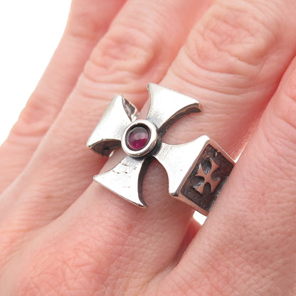 925 Sterling Silver Vintage Real Rhodolite Gothic Cross Oxidized Ring Size 12