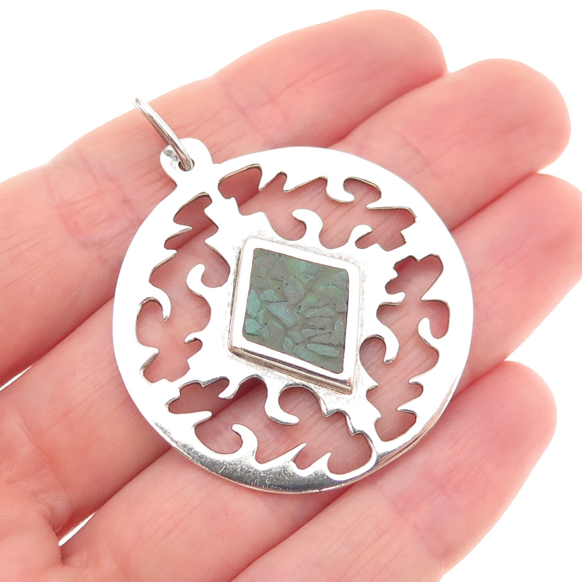 925 Sterling Silver Vintage Real Turquoise Inlay Modernist Pendant