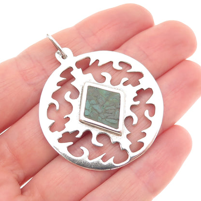 925 Sterling Silver Vintage Real Turquoise Inlay Modernist Pendant