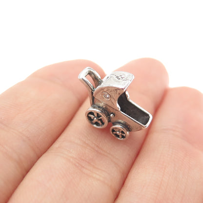 925 Sterling Silver Vintage Real Diamond Baby Stroller Mini 3D Charm Pendant