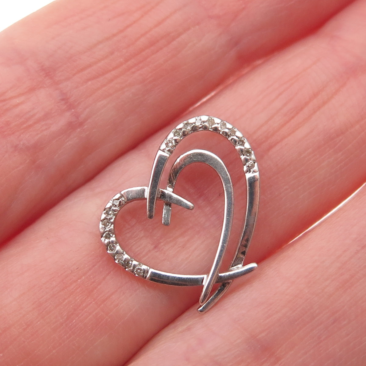925 Sterling Silver Real Round-Cut Diamond Heart Mini Slide Pendant